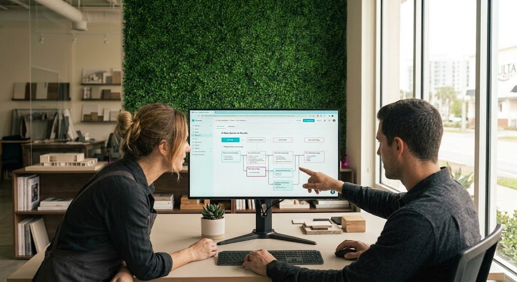 Team working at a screen — collaborative, not a stock 'AI' cliché