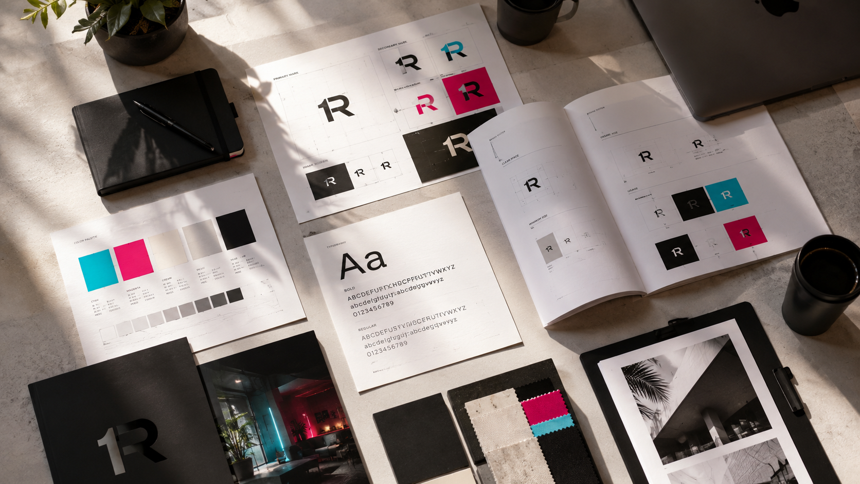 Brand identity system flatlay — logo, colors, type specimens