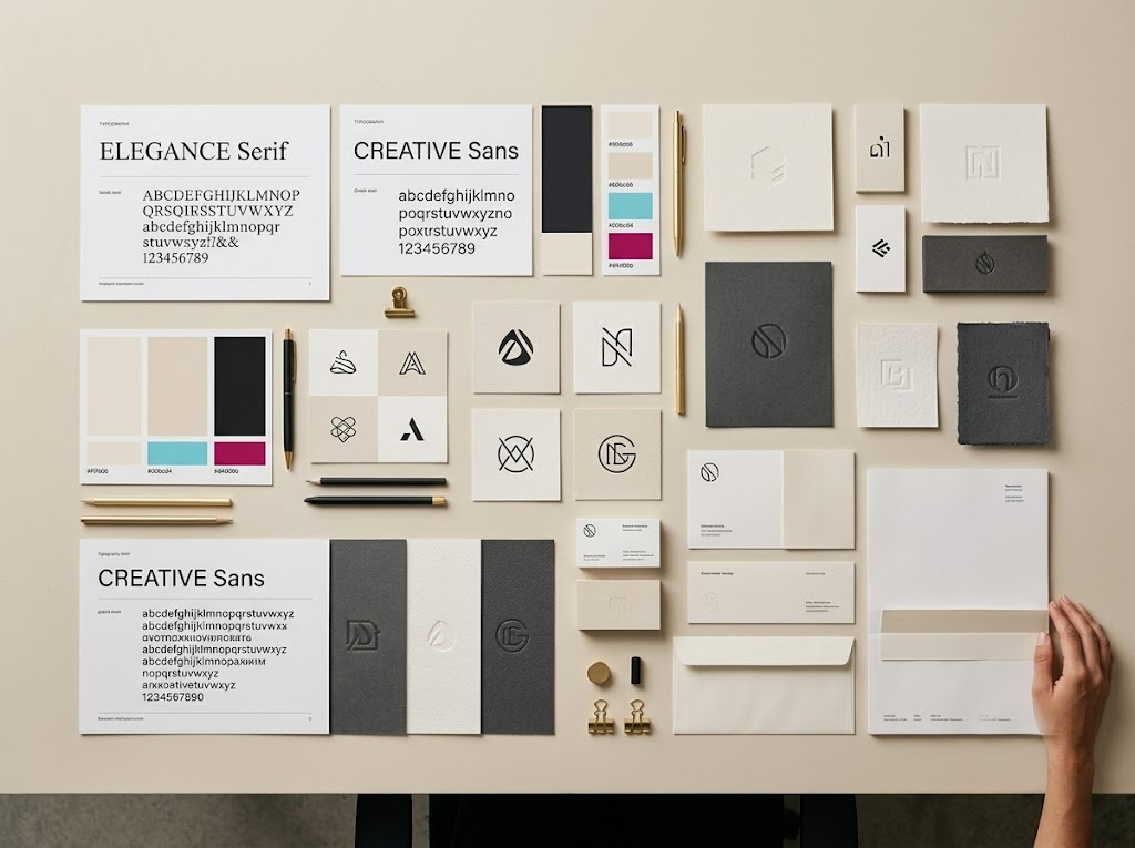 Brand identity system flatlay — logo, color palette, type specimens